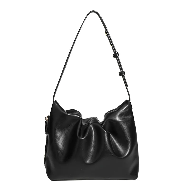 2024 Simple Black Shoulder Hobo Bag Women's Leather Handbag Casual Large Tote Ruffles Design Leisure Soft Bag