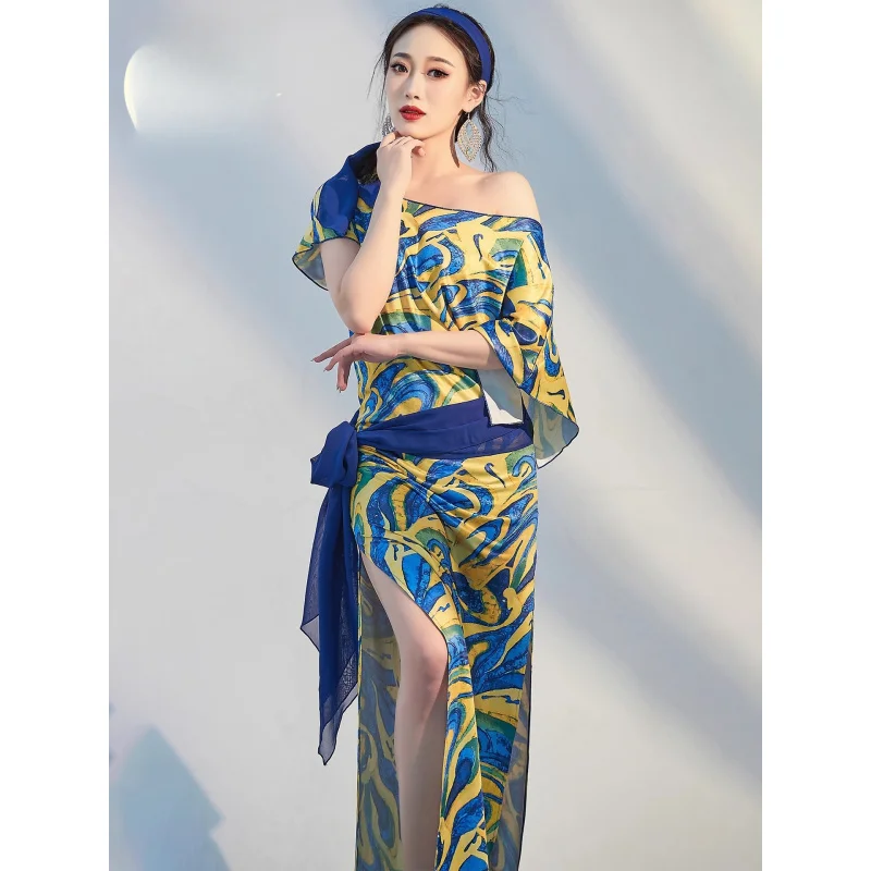 New Style Belly Dance Robe Printed Folk Shaabi Practice Outfit Baladi Oriental Dance Performance Costume