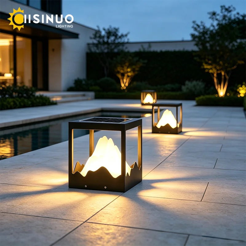 Waterproof Solar Post Light Mountain Glow LED Outdoor Pillar Lamp  D22/30/40/50cm Decorative Fence Column Light for Villa Garden