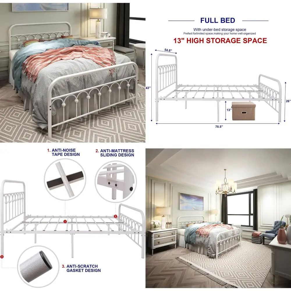 

Vintage Wrought Iron Full Size Metal Bed Frame with Headboard and Footboard, Platform Base, White