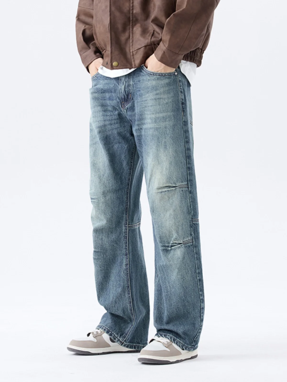 

Ретро-джинсы в американском стиле с пэчворком, мужские свободные прямые брюки, осенняя новинка, молодежная повседневная одежда