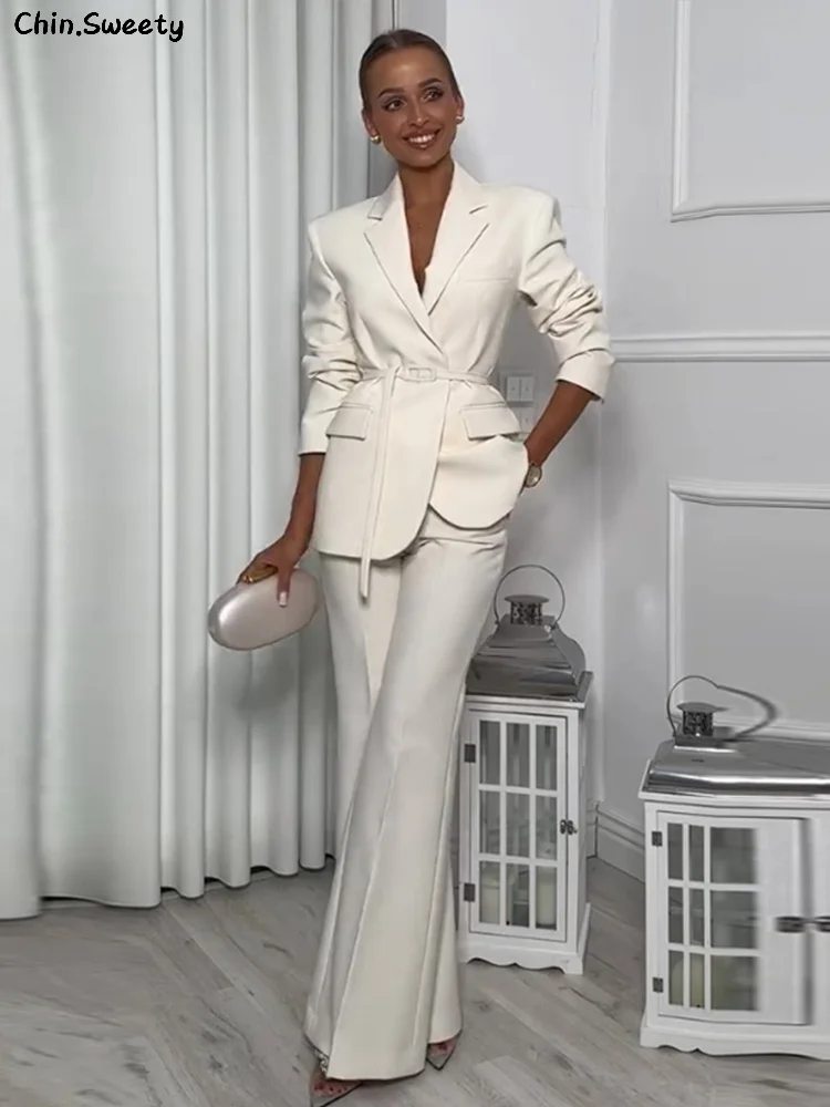 

Fashion Belt Blazer Pants Sets Women Solid Lapel Full Sleeve Slim Jacket High Waist Wide Leg Pant 2025 Spring Lady Office Outfit