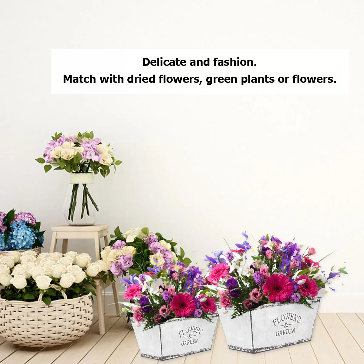 

Silver Small Size Iron Hemp Rope Flower Bucket Durable Safe Simple Design For Home Shop Decoration