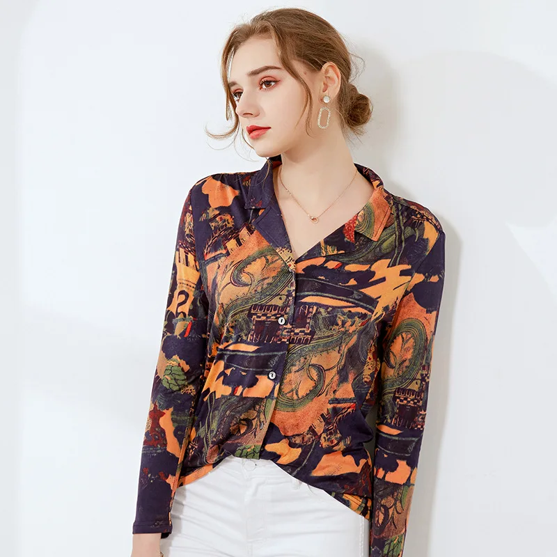 

Birdsky, Spring 1PC Women shirt long sleeve knitted Top shirts V neck 40% mulberry silk 60% viscose floral print, HC-26