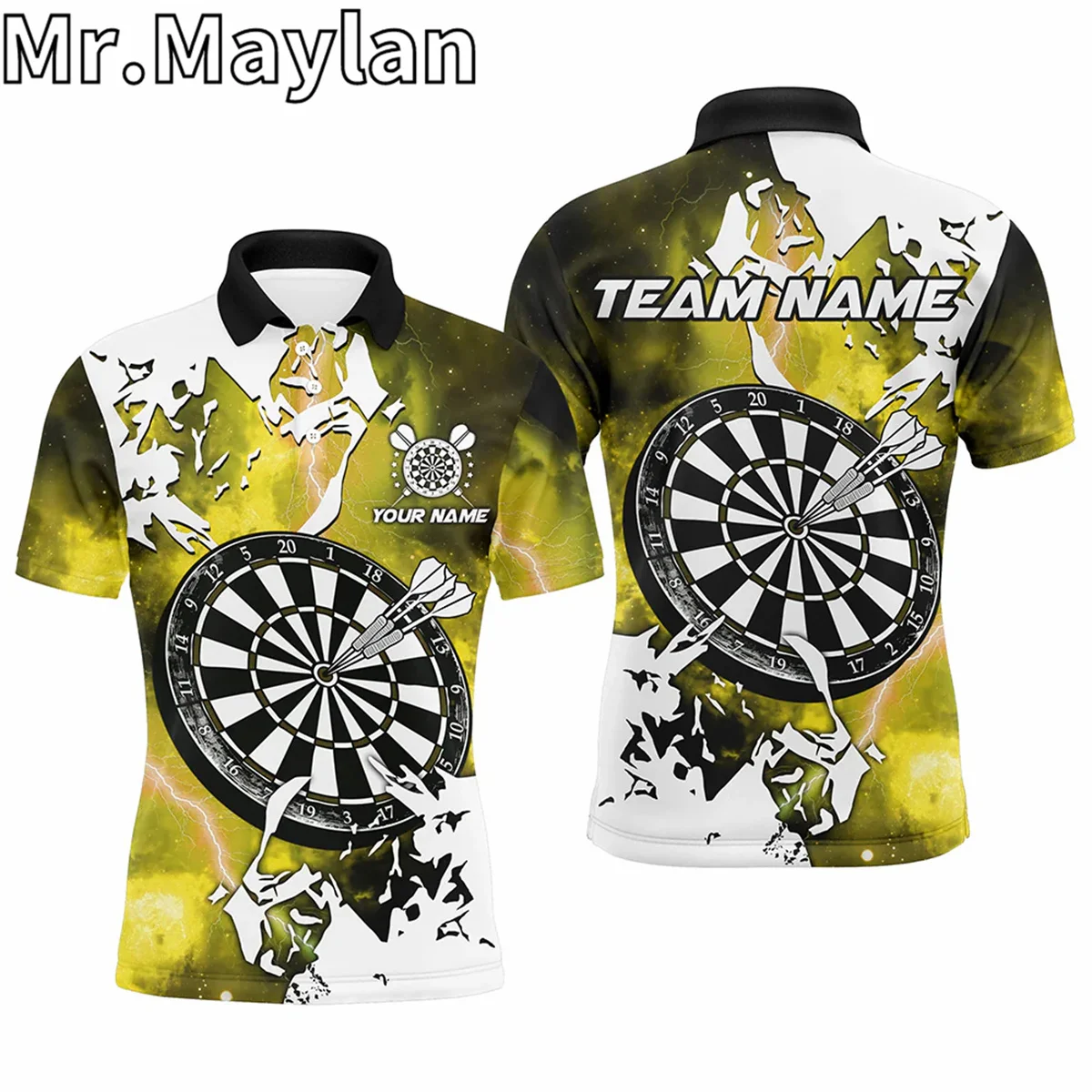 Lightning Grunge Dartboard Custom Name 3D Darts Polo Shirts For Men Yellow Darts Team Jerseys Gifts For Darts Lovers Unisex Tops