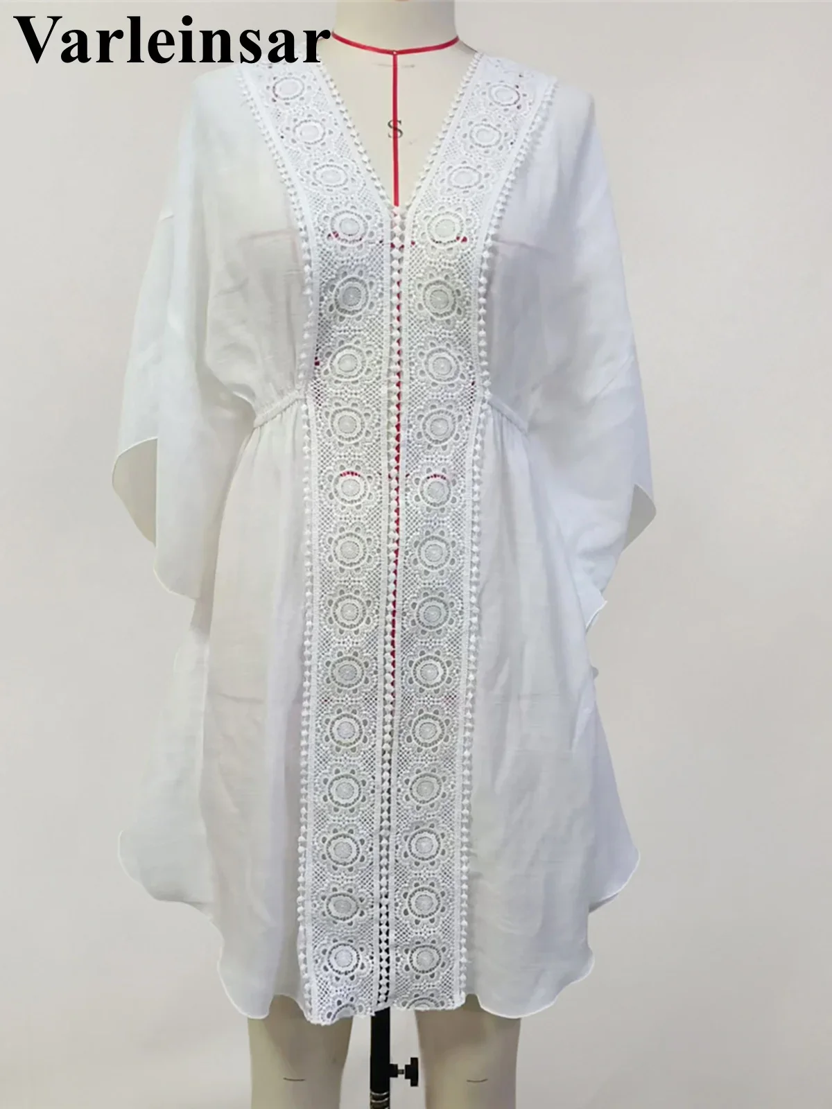 V Neck Half Sleeve Hollow Out Crochet Knitted Tunic Beach Cover Up Cover-ups Beach Dress Beach Wear Beachwear Female Women V6283
