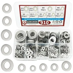 910/200pcs  304 Stainless Steel Flat Washers Assortment Kit (M2 M2.5 M3 M4 M5 M6 M8 M10 M12) Suitable for Home Decoration