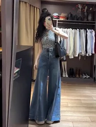 워싱 데님 진 여성용 루즈핏 캐주얼 스트레이트 레그 하이웨이스트 레이지 스트릿 스타일 튼튼한 코튼 스트레치 블루 와이드 레그 팬츠