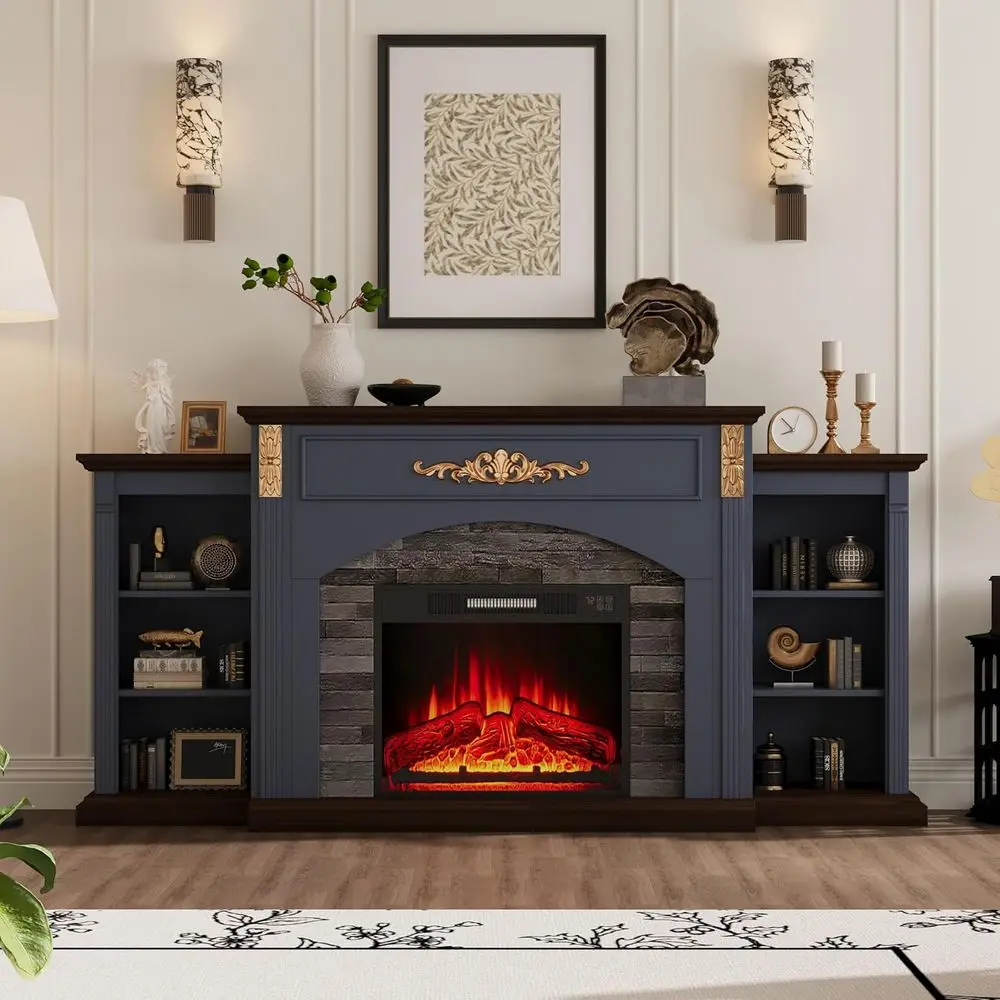 

Винтажная тумба под телевизор 72 дюйма с золотыми акцентами для телевизоров до 80 дюймов, электрический каминный вкладыш 23 дюйма с пультом ДУ