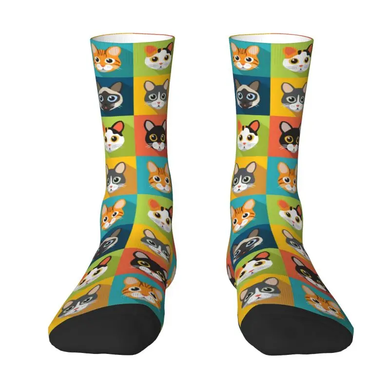 Custom Funny Cute Cats Heads  Pattern Dress Socks Men's Women's Warm Fashion Novelty Crew Socks