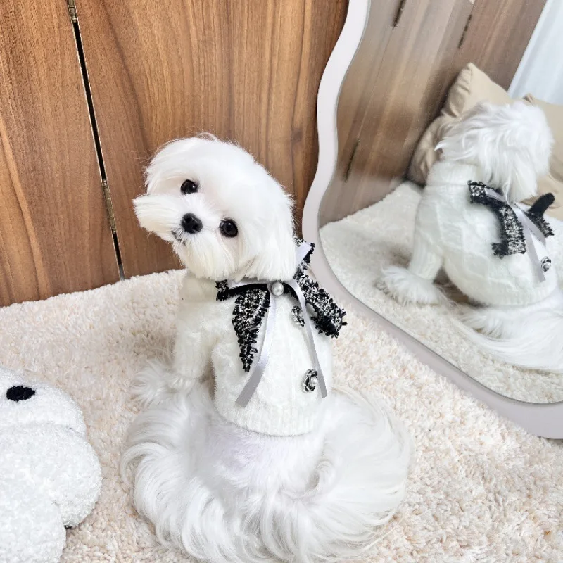 2025 Suéter para mascotas de otoño e invierno, oso de peluche, Yorkshire terrier, maltés, gato, perro, piel de marta, cálido, mariposa, estilo francés