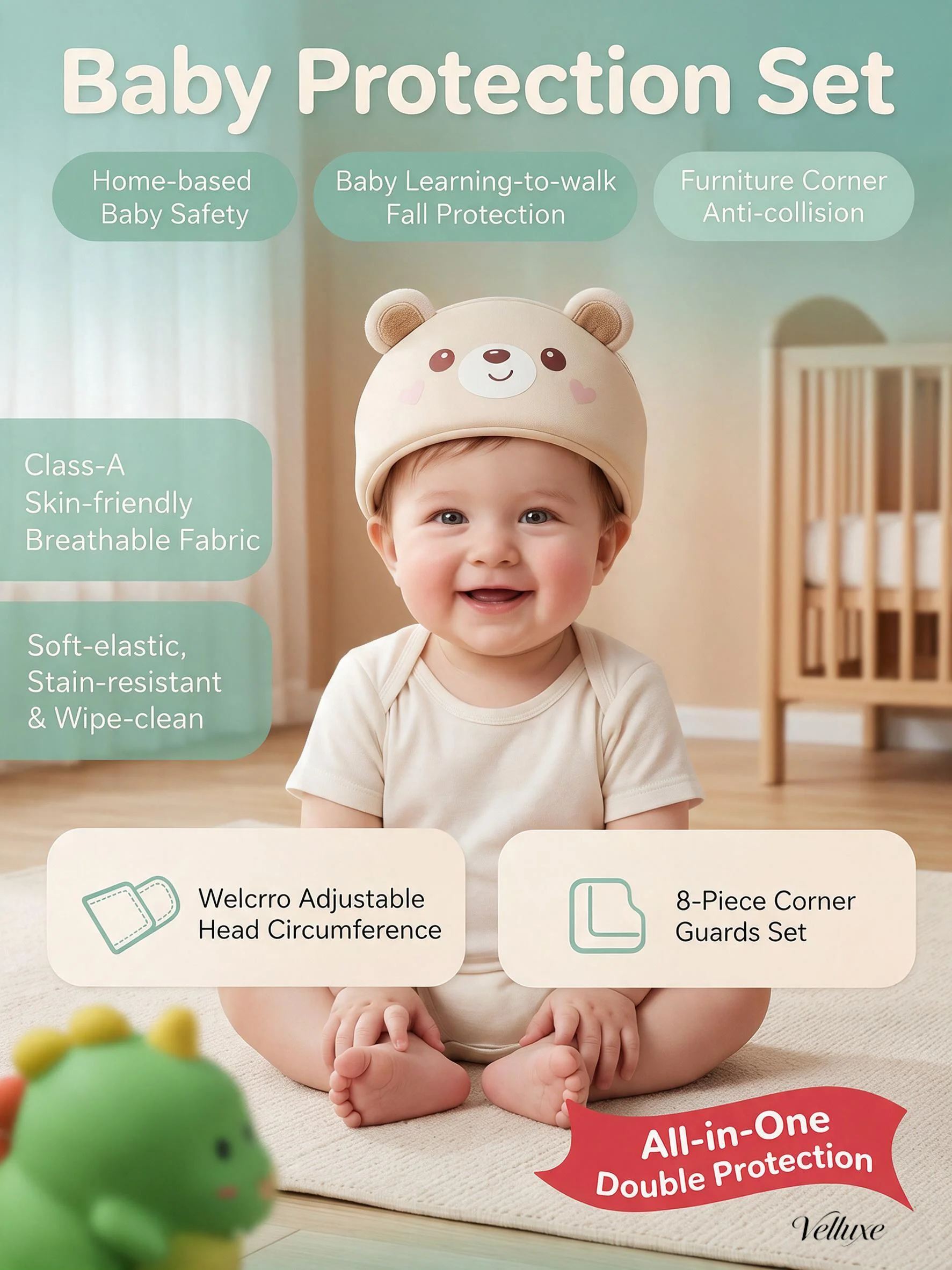 ：Baby Protection Set, Baby Head Protector Helmet for Toddler Learning Walking + 8Pcs Soft Cartoon Furniture Corner Guards, Class