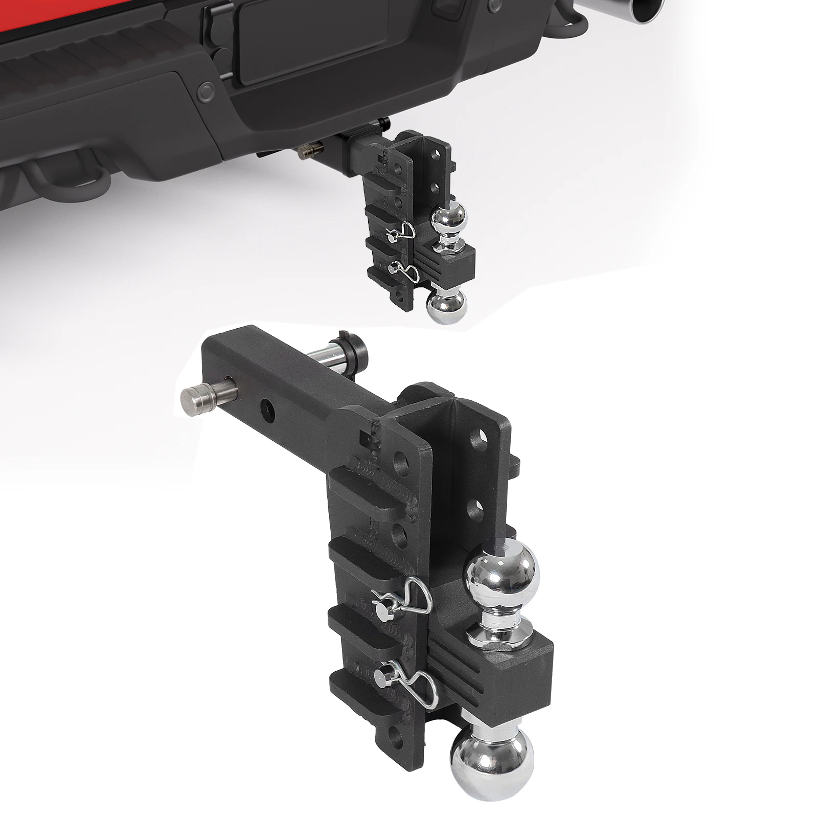 

2-дюймовые приемники, регулируемый двойной шариковый буксирный сцепь, крепление с подъемом падения, вертикальный двойной буксирный сцепь для автомобильных прицепов, буксировки