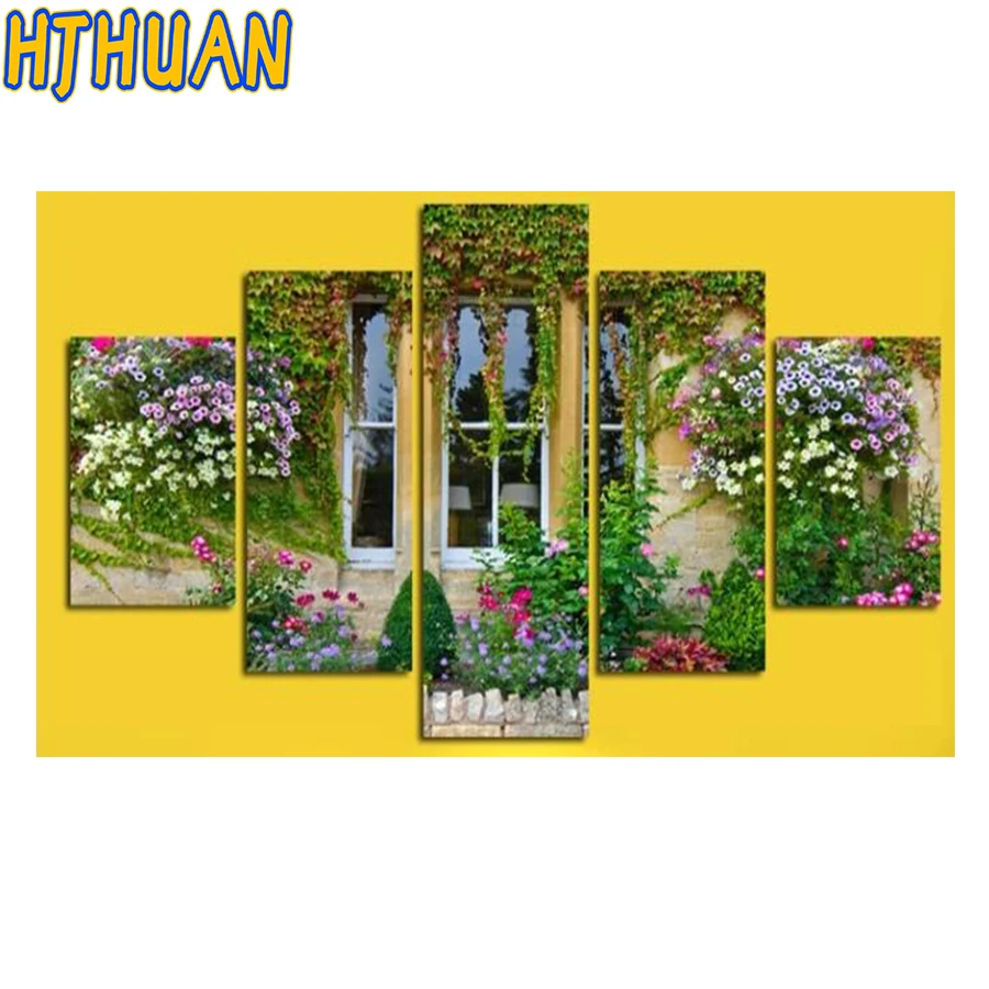 European Style Diamond Embroidery Paintings, Window Flowers, Full Square Mosaic Wall Art, Modular Pictures, 5Pcs