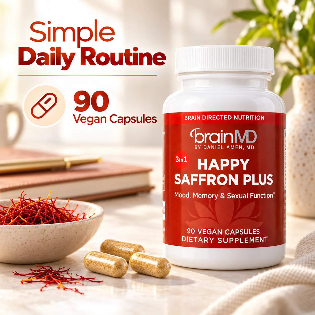 Happy Saffron Plus 90 Vegan Capsules with Saffron, Curcumin and Zinc for Mood, Memory, Focus and Daily Wellness Support