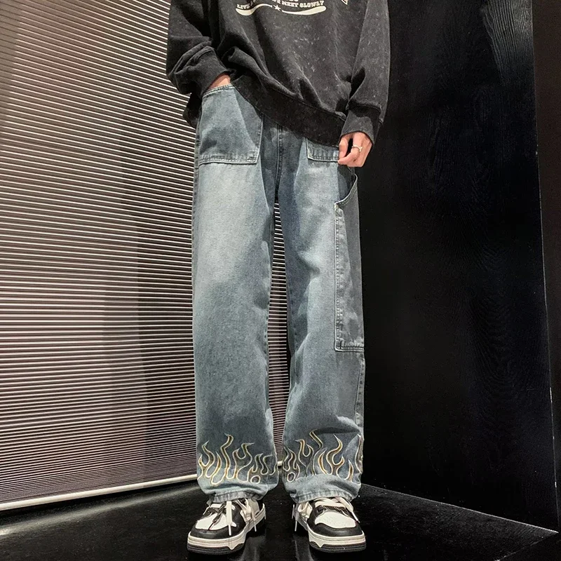 

Мужские мешковатые джинсы с индивидуальной вышивкой, весенне-осенние новые прямые джинсовые брюки с широкими штанинами, мужская уличная брендовая одежда