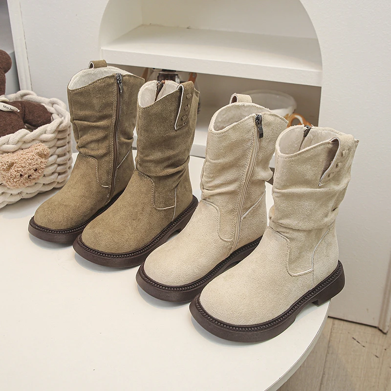 Kids Cowboy Boots for Girls Suede Pleated Mid Calf Boots Fashion Warm Non Slip Thick Sole Fashion Western Boots Autumn Winter