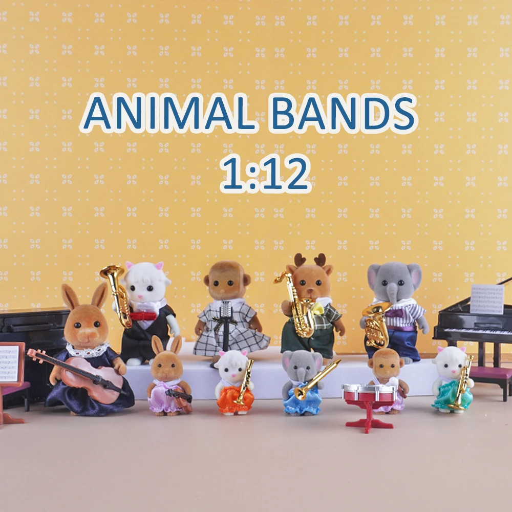 Mobili in miniatura per casa delle bambole Scena di concerto di famiglia di animali Pecora Coniglio marrone Pianoforte per bambole Modello di set di strumenti per pianoforte in scala 1:12