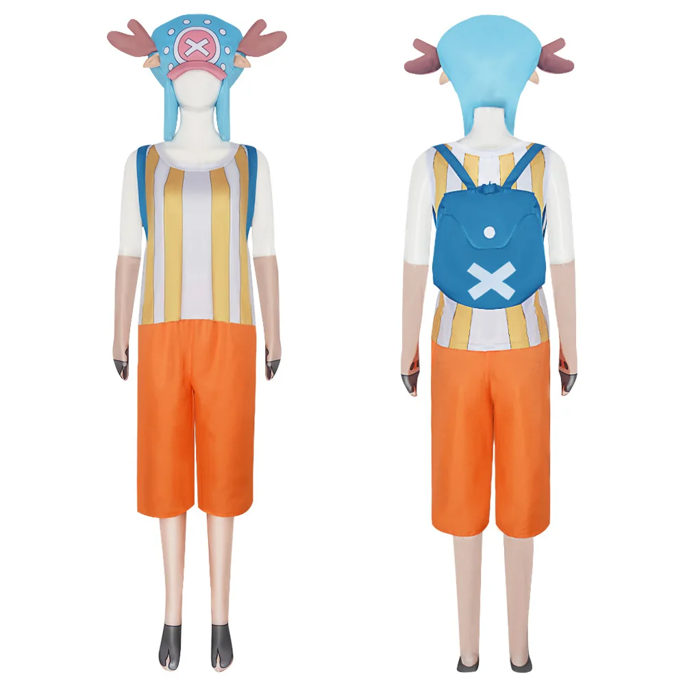 Reindeer Tony Chopper Cosplay 2 Years Later Yellow Strip T Shirt Cosplay Costume Blue Hat Bag Halloween Fancy Suit