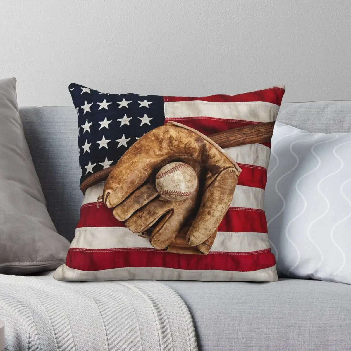 Vintage Baseball USA Flag Square Pillowcase Polyester Linen Velvet Creative Zip Decor Throw Pillow Case Home Cushion Cover