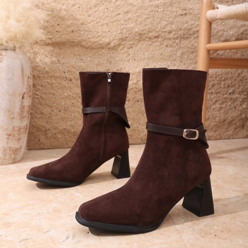 New Fashion Tight Boots Vintage Zip Metal Button Block Heel Booties  Lady's ankle boots
