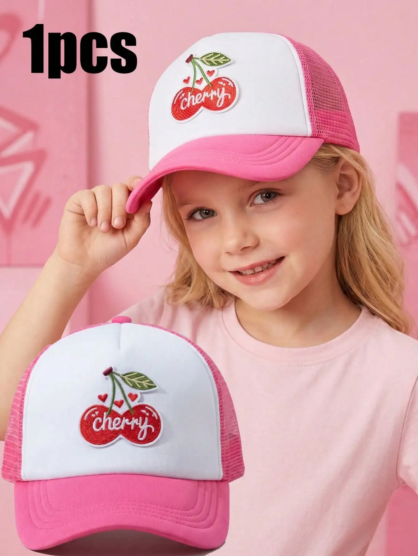 

1Pc 3-8Y Girls Red Cherry Magenta Mesh Baseball Cap Foam Front Adjustable Buckle Breathable Outdoor Sports Hat