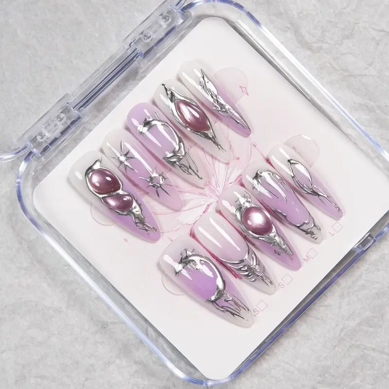 Handmade Medium Almond Press On Nails Gradient Lavender Purple Cat Eye Silver Metal Line Star Charms Fake Nails Alien Y2K Aesthe
