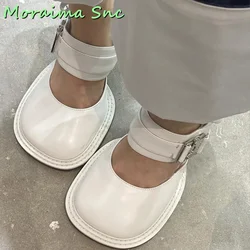 Fashion Round Toe Shallow Pumps Ankle Buckle Strap Metal Heel Leather Women Shoes Spring Summer 2023 White Solid Casual Newest