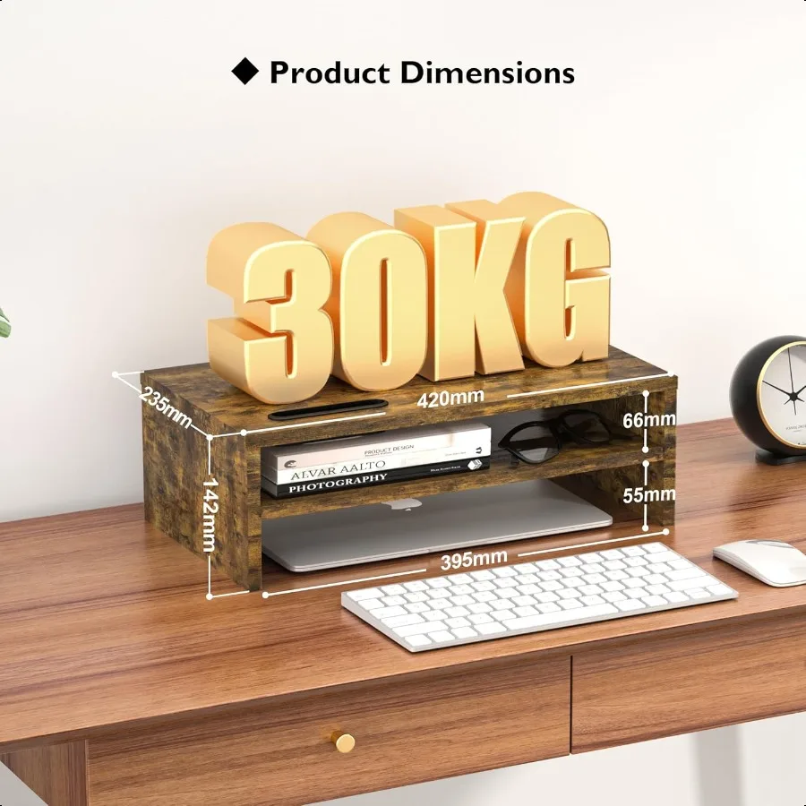 حامل شاشة BONTEC مكون من طبقتين حامل شاشة خشبي مع منظم تخزين لسطح المكتب وحامل شاشة مريح مع C