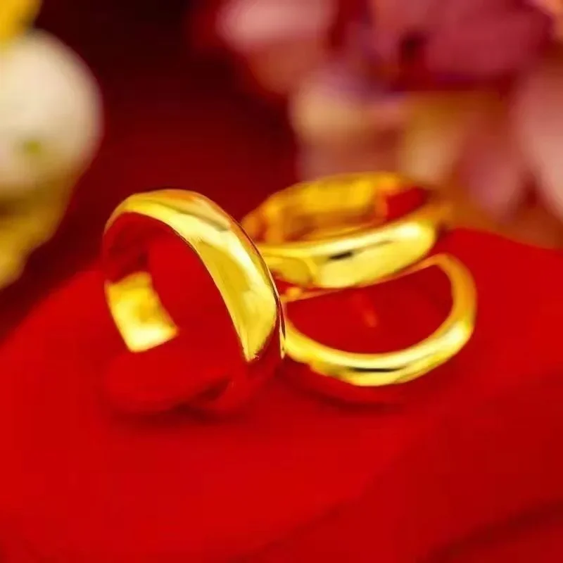 Pure Plated Real 18k Yellow Gold 999 24k for Men and Women Plain Smooth Face Personality Couple Ring Never Fade Jewelry