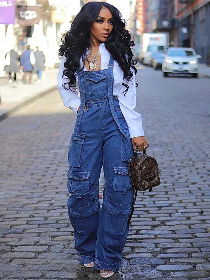 Fashion Denim Jumpsuit Fall Clothes 2024 Women Strappy Baggy Jeans Multi Pocket Jean Rompers Playsuit One Pieces Overalls Outfit