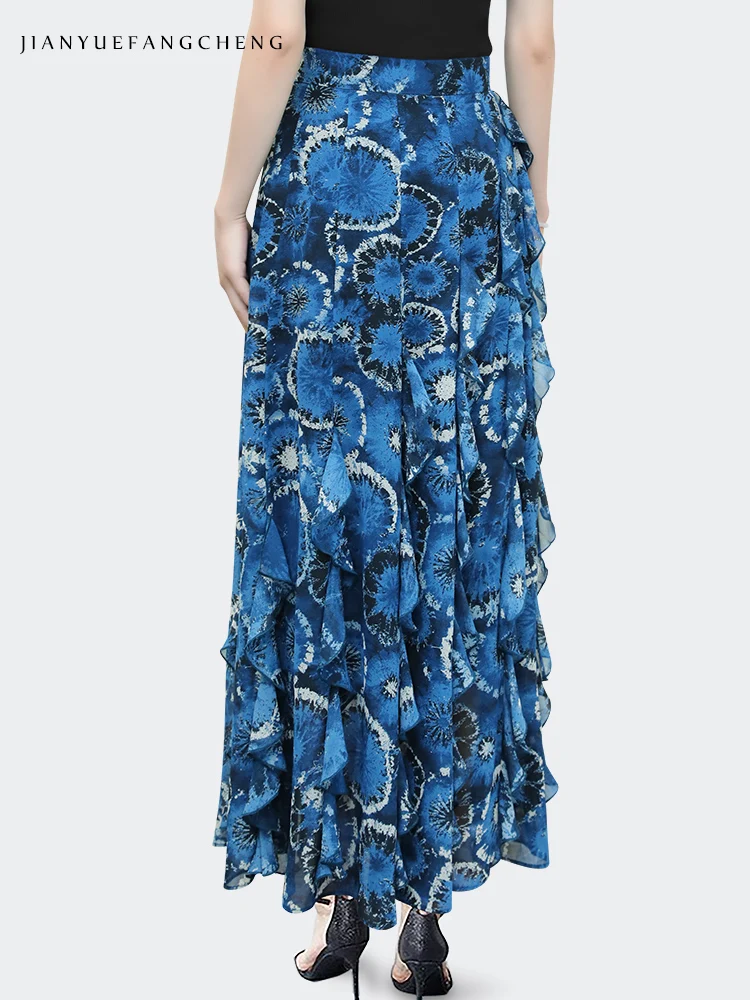 Long Skirt Womens Summer Blue Chiffon Floral Printed Skirts Floor-length High Waist A-line Flowing Ruffles Pleated Maxi Skirts