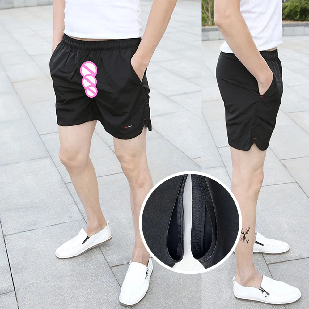 Casual Shorts Men\'s Invisible Open Crotch Outdoor Sex Summer Sweatpants Beach Pants Fashionable Slim Fit Five Points Trousers