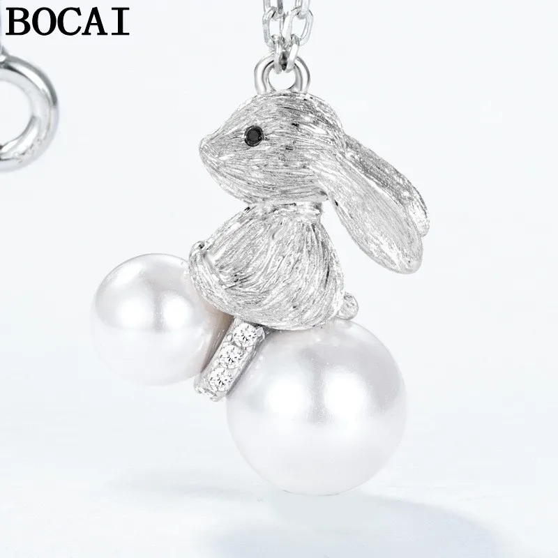 BOCAI New S925 Silver Jewelry With Cute Creativity Inlaid With Shell Beads Long Eared Rabbits Pendant Women's Selected Gift