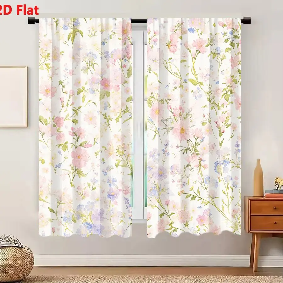 2 cortinas con diseño floral delicado en acuarela 2D, con flores en rosa pastel, azul, lavanda y amarillo pálido sobre un color blanco suave.
