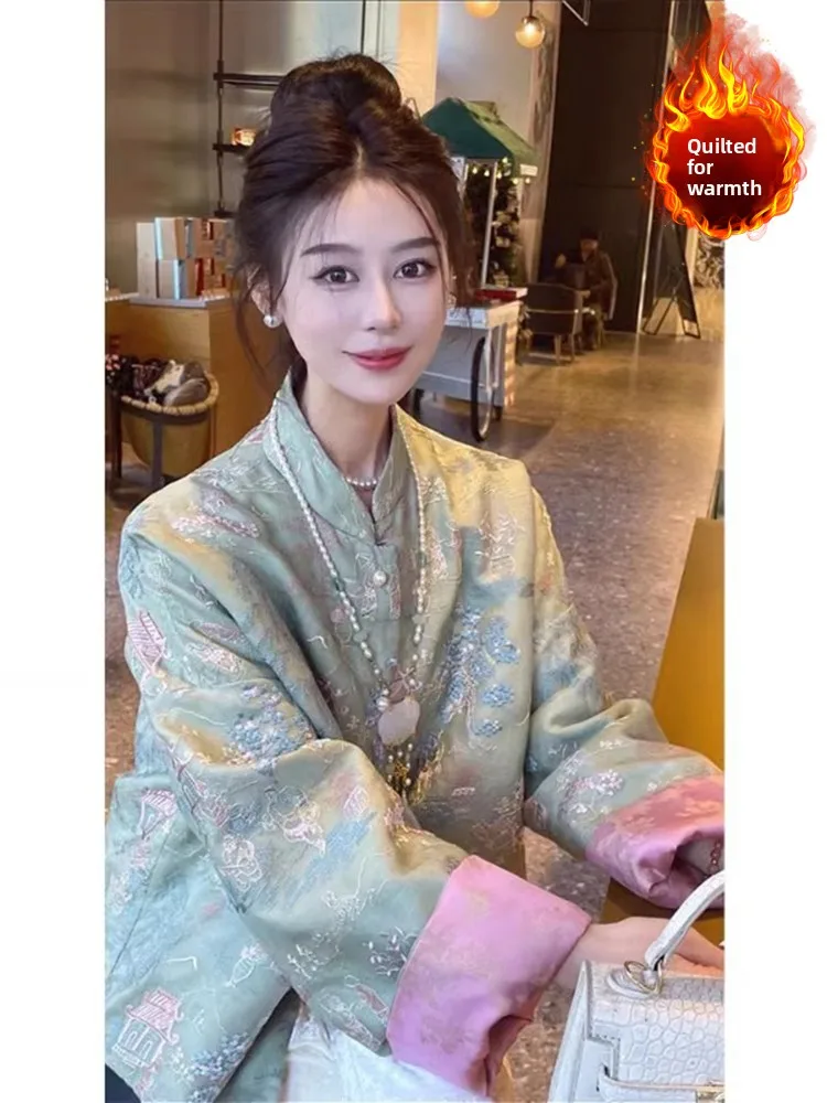 New Chinese Style Women's Cotton Jacket Embroidered Long Sleeve Stand Collar Single Button Fastening Cotton Padded Top