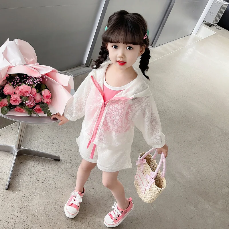 

Summer Children Clothing Sets Baby Girls Lace Spun Sun Coats Vest Shorts 2-8 Years Kids Seaside Holiday Clothes Infant Outfits