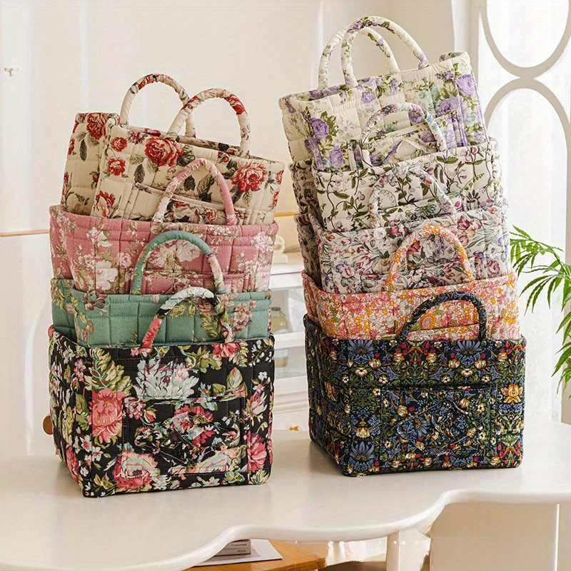 Floral Fabric Storage Bins with Handles, Folding Desktop Basket, Multi-Compartment Organizer for Clothes, Underwear & Decor