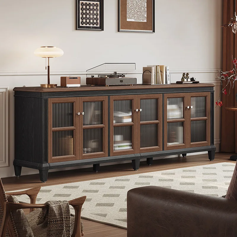 

American retro solid wood TV cabinet high living room French large-capacity storage locker black premium audio-visual cabinet