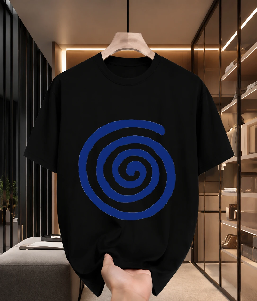 2026 New Arrival Pure Cotton T-Shirt Klein Blue Spiral Swirl Abstract Print Crew Neck Loose Men Top Casual Short Sleeve
