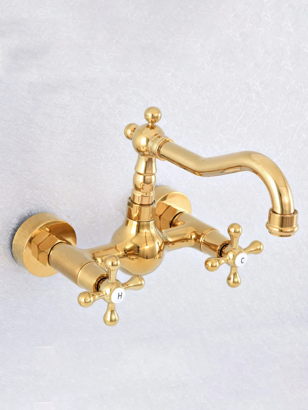 Polished Gold Color Brass Wall Mounted Double Cross Handles Bathroom Kitchen Sink Faucet Mixer Tap Swivel Spout asf621