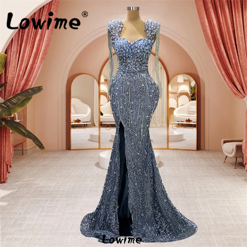 

Luxury Evening Dresses For Women 2023 Aso Ebi Crystals Tassel Long Prom Dress With Split Side Wedding Party Dress Customize Robe