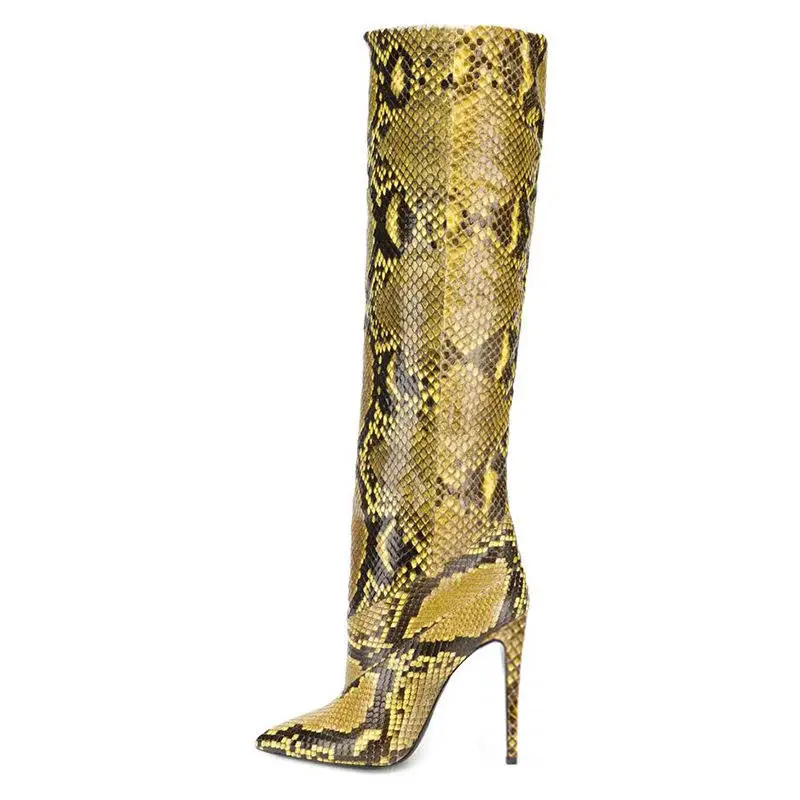 

Sexy Faion Yellow Snake Skin Print Pointed Toe High Heel Long Boots Ele Autumn Spring Season Ultra High Heel Women oes