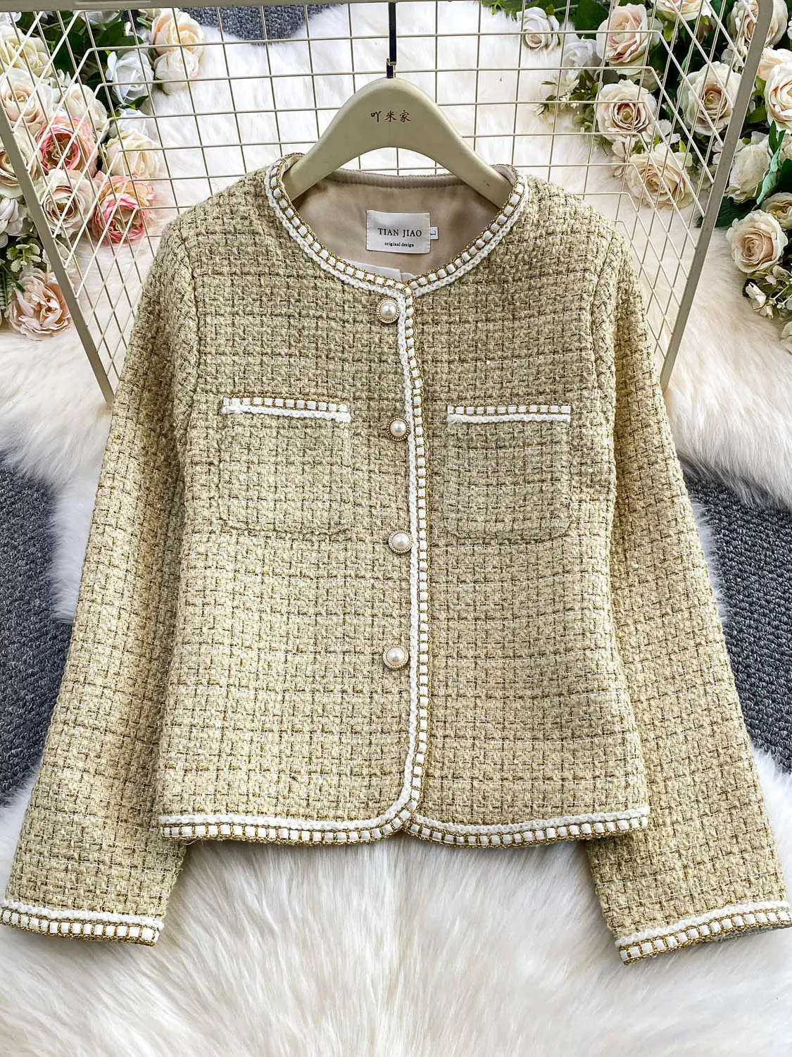   Cappotto lavorato a maglia da donna Faion Young Sli Plaid Tweed rotondo Ne Top Light Luxury Lady Dritto Fit Autunno Lavoro