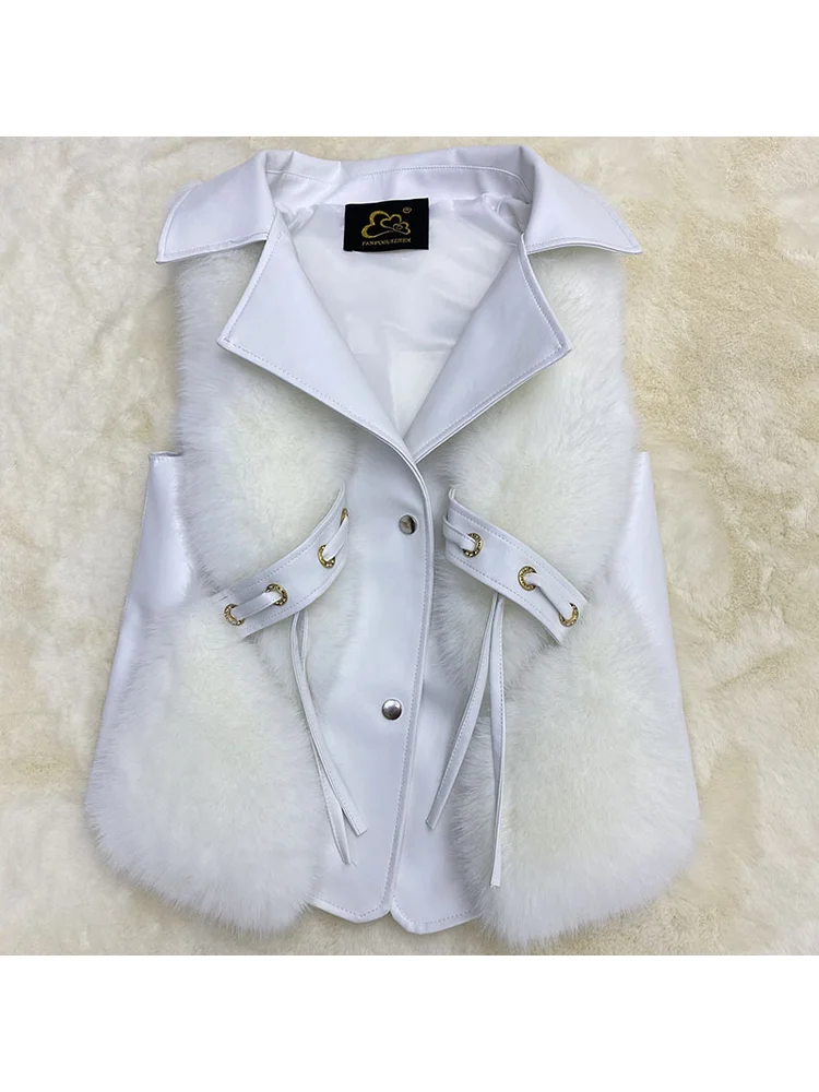 ヨーロッパ系アメリカ人ファッション ハンサム フェイクファー PU スプライシングベスト 秋冬 エレガンス ラペル バイク ブラウン ノースリーブジャケット