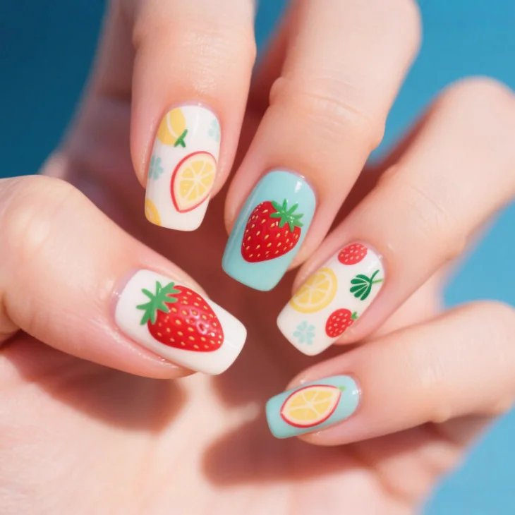 

24PCS False Nails Sweet Strawberry Print Ins Style Medium Square Fake Nails Light Color European American Design Press on Nails