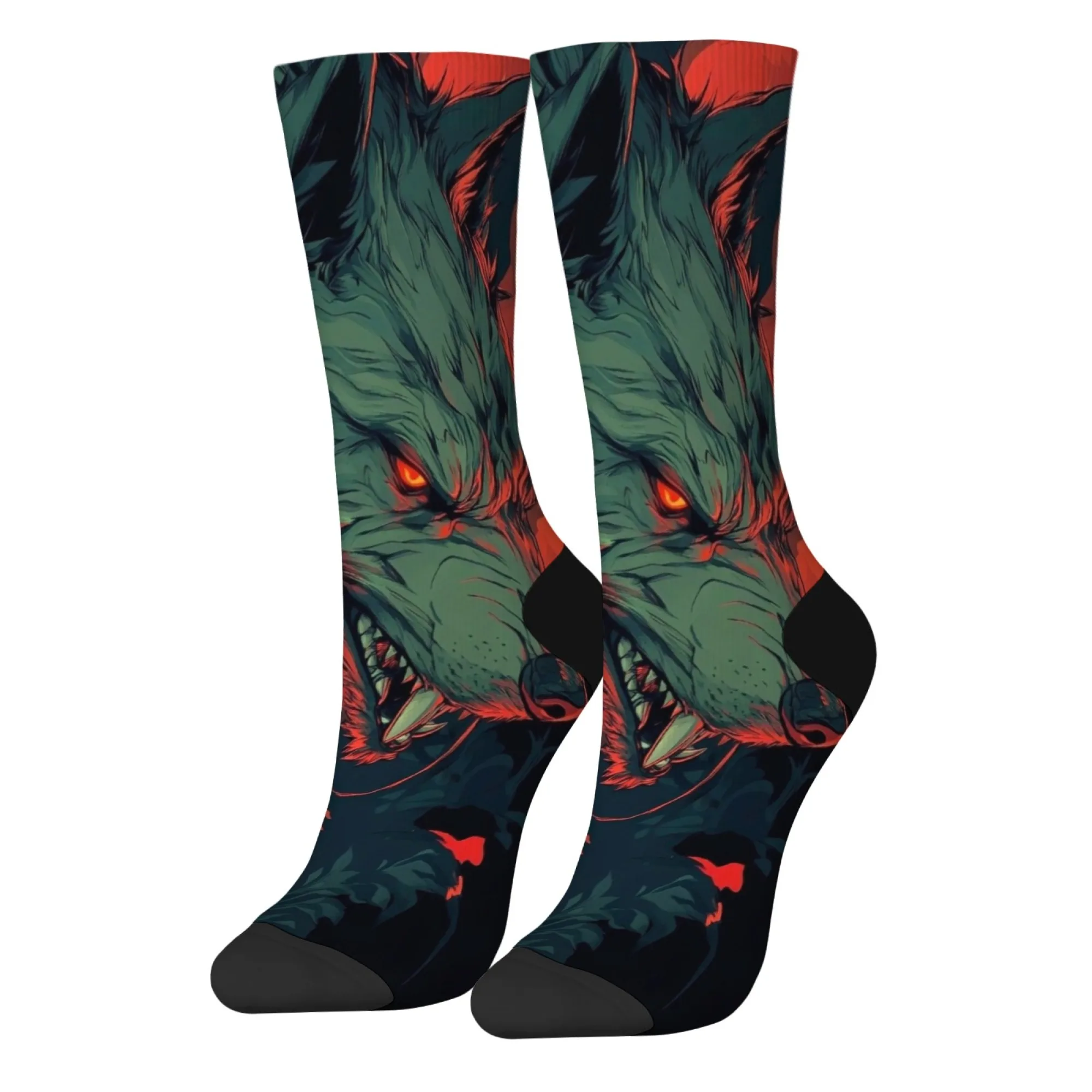 Trendige Monster Fierce Wolf Mid-Calf Socken Orange Grün Farbblock Kunstdruck Dunkler cooler Stil Unisex Tägliche Outdoor-Freizeitsocken