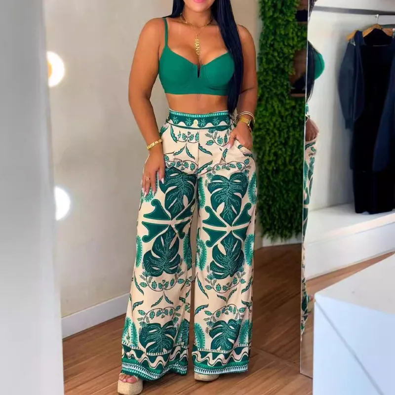 

2024 Spring Summer New Women's Clothing High Waist Print Casual Wide-Leg Trousers
