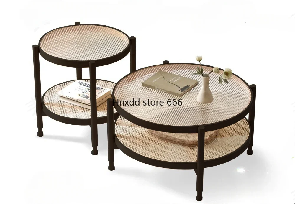 Solid wood rattan coffee table Changhong glass double round