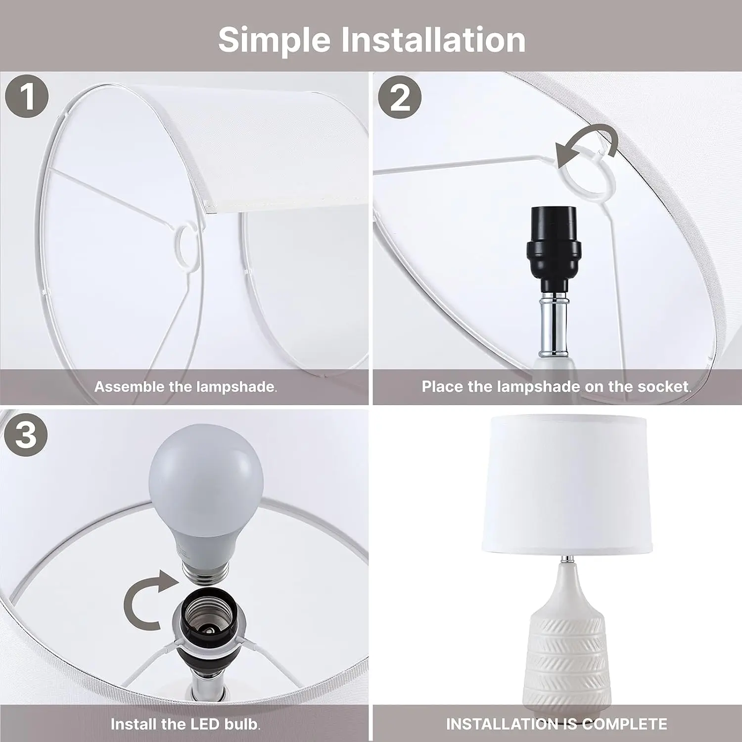 Set of 2 White Ceramic Table Lamps, 18.5" Modern Bedside Lamps for Night Stands, Farmhouse Decor with LED Bulbs view 6